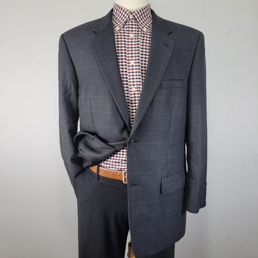 Tasso Elba Men's Sport Coat Blazer Two Button‎ Gray Cashmere Wool Plaid 42L